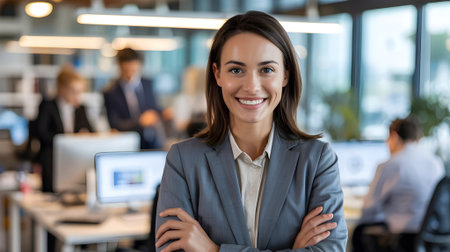 Confident young businesswoman smiling in a modern office environment, representing leadership, success, and professionalism in corporate workplace settings.の素材