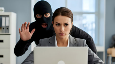 Hacker in black mask sneaking behind businesswoman using laptop, symbolizing cyber attack, online fraud, and digital data security threat.の素材