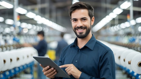 Confident industrial engineer using digital tablet in modern manufacturing factory, showcasing innovation, technology, and leadership in industrial management.の素材
