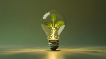 Eco-friendly concept showing a green plant growing inside a glowing light bulb, symbolizing sustainability, renewable energy, and innovation.の素材