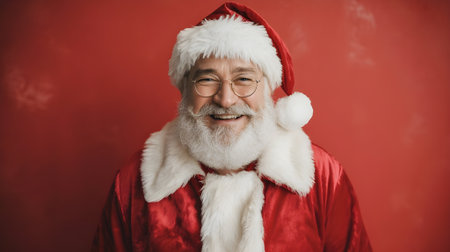 Cheerful man dressed as Santa Claus smiling joyfully against a festive red background, spreading Christmas spirit and holiday cheer.の素材
