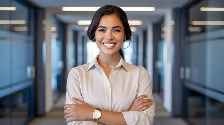 Confident young businesswoman smiling in modern office hallway, wearing elegant white blouse, professional portrait ideal for corporate and marketing use.の素材