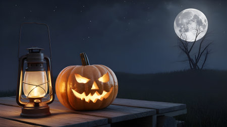 Spooky Halloween night scene with glowing jack-o'-lantern, lantern light, full moon, and eerie atmosphere perfect for seasonal celebrations.の素材
