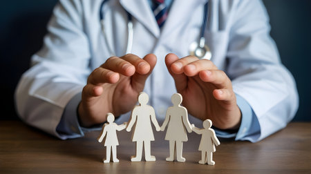 Doctor protecting paper cutout family with hands, symbolizing health insurance, medical safety, family care, and healthcare protection concept.の素材