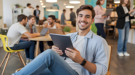 Smiling young man using digital tablet in modern coworking office surrounded by colleagues, symbolizing teamwork, creativity, and business success.の素材