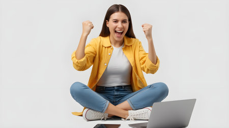 Excited young woman celebrating success while sitting with laptop, feeling happy and victorious, symbolizing achievement, motivation, and online success.の素材