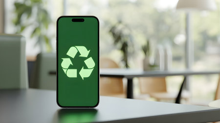 Modern smartphone displaying green recycling symbol on screen, promoting eco-friendly technology, digital sustainability, and environmental responsibility in contemporary workspaceの素材
