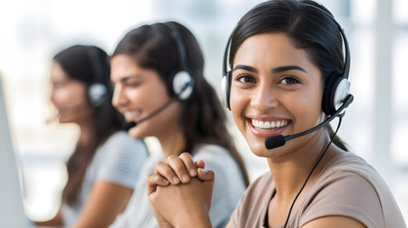 Smiling customer service representative wearing headset working in call center, providing professional support and communication assistance in modern office.の素材