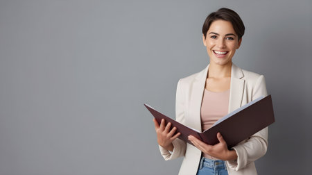 Smiling young businesswoman holding folder against grey background, representing confidence, professionalism, corporate success, and modern career growth.の素材