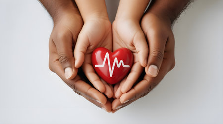Hands holding red heart with heartbeat symbol, representing healthcare, love, family care, compassion, medical support, and healthy living.の素材