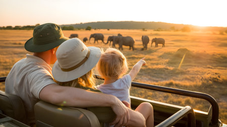 Family enjoying an African safari adventure at sunset, watching elephants in golden light, capturing wildlife and nature travel memories together.の素材