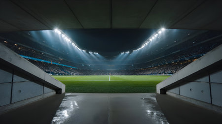 Illuminated football stadium at night viewed from the tunnel entrance, with bright floodlights and a vibrant crowd atmosphere.の素材