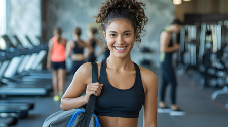 Smiling young woman in sportswear holding gym bag, standing confidently in modern fitness center with active workout background.の素材