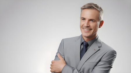 Confident mature businessman in a grey suit smiling professionally, posing against a clean background for corporate or business presentation use.の素材