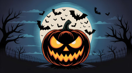 Spooky Halloween illustration featuring a glowing pumpkin jack-oâ-lantern, flying bats, and eerie trees under a full moon night.の素材