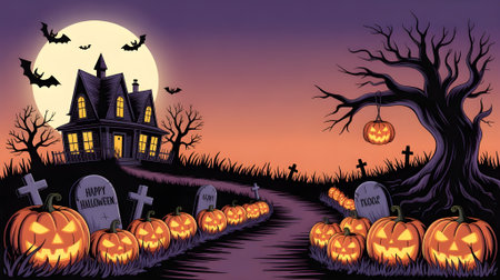 Spooky Halloween night illustration with haunted house, glowing pumpkins, full moon, bats, and eerie graveyard atmosphere under orange twilight sky.の素材