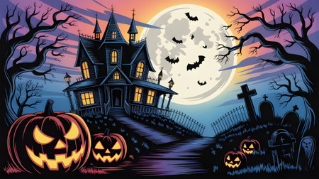 Spooky Halloween night illustration with haunted house, glowing pumpkins, full moon, bats, and eerie graveyard under colorful twilight sky.の素材