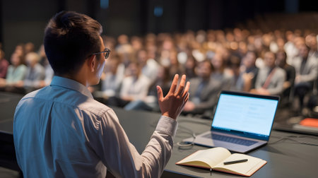 Business professional giving presentation to audience with laptop and notes, delivering corporate seminar or conference speech with confidence and clarity.の素材