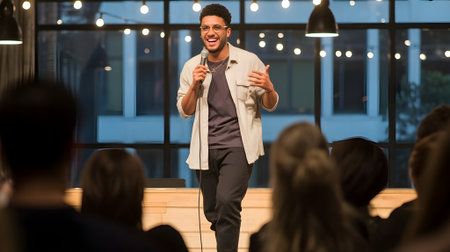 Smiling young man performing stand-up comedy on stage, entertaining audience with humor, confidence, and engaging storytelling in cozy venue.の素材