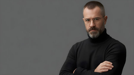 Confident mature man with beard and glasses wearing black turtleneck, posing with folded arms against a minimalist grey background.の素材