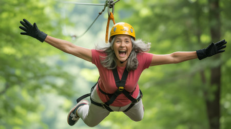 Excited woman enjoying zipline adventure in the forest, experiencing freedom, thrill, and joy while gliding through lush green nature.の素材