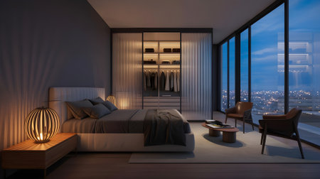 Modern luxury bedroom interior with elegant lighting, panoramic city view, stylish furniture, and cozy atmosphere for contemporary home design inspiration.の素材