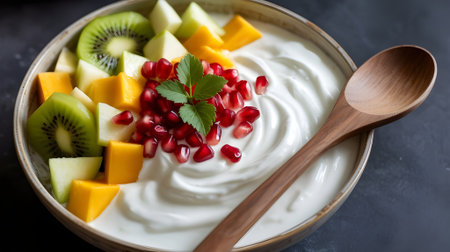 Delicious bowl of yogurt topped with fresh kiwi, mango, pomegranate, and melon pieces, representing healthy eating and nutritious breakfast.の素材