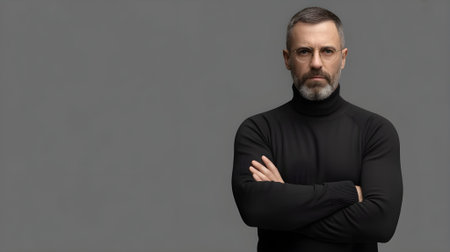 Confident mature man in black turtleneck with folded arms and serious expression, posing against a minimalist grey background.の素材