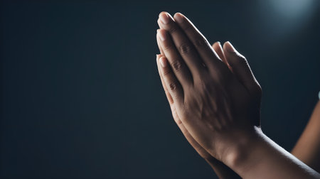 Close-up of hands joined in prayer, symbolizing faith, spirituality, hope, and peace against a dark dramatic background.の素材