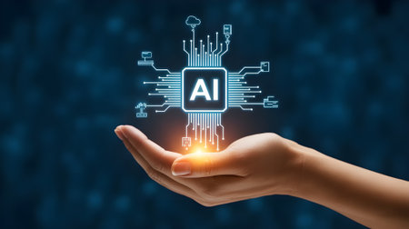 Human hand holding glowing AI hologram symbolizing artificial intelligence, innovation, digital technology, data processing, and futuristic smart solutions.の素材