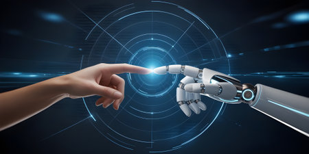 Human hand touching robot finger symbolizes artificial intelligence, technology connection, human-machine interaction, and the future of digital innovation.の素材