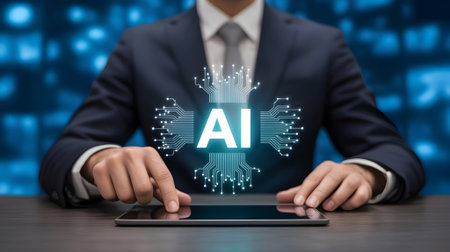 Business professional using AI technology on a tablet, symbolizing artificial intelligence, innovation, data science, and digital transformation.の素材