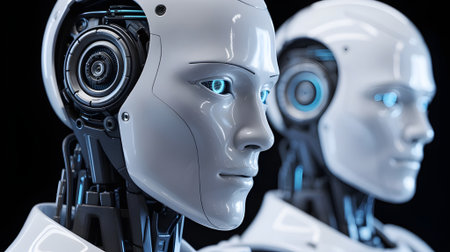 Close-up view of futuristic humanoid robots with glowing blue eyes, showcasing artificial intelligence, advanced robotics, and modern technology innovation.の素材