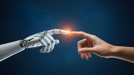A human hand touching a robotic hand, symbolizing artificial intelligence, technology connection, innovation, and the future of human-machine interaction.の素材