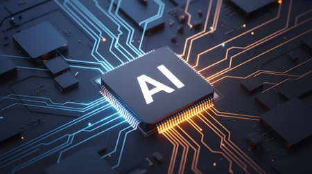 Close-up of AI microchip on a futuristic circuit board symbolizing artificial intelligence, data processing, digital technology, and innovation.の素材