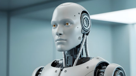 A futuristic humanoid robot with realistic features representing artificial intelligence, advanced robotics, innovation, and next-generation technological development.の素材