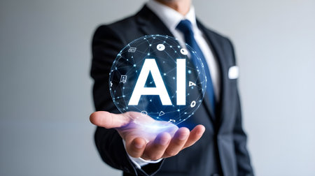 Businessman holding a glowing digital sphere with AI text, symbolizing artificial intelligence, innovation, data technology, and futuristic business solutions.の素材