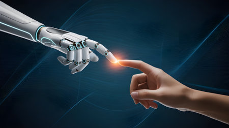 A human hand touches a robotic hand, symbolizing connection between humans and artificial intelligence, technology collaboration, and digital innovation.の素材