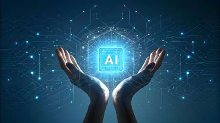 Futuristic concept showing glowing AI chip between robotic hands, symbolizing artificial intelligence, innovation, and advanced digital technology.の素材