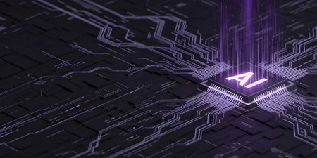 Futuristic AI processor chip glowing with digital circuits, symbolizing artificial intelligence, innovation, data processing, and advanced technology concept.の素材