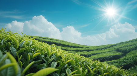 Lush green tea plantation under bright sunlight with blue sky and fluffy clouds, symbolizing freshness, nature, and organic growth.の素材