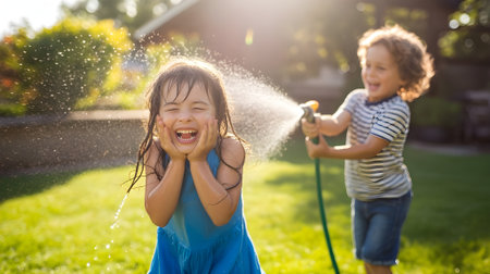Happy children playing with water in the garden on a sunny day, enjoying summer fun and laughter outdoors together.の素材