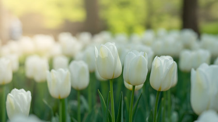 Beautiful white tulips blooming in soft sunlight, symbolizing purity, peace, and new beginnings in a serene spring garden.の素材