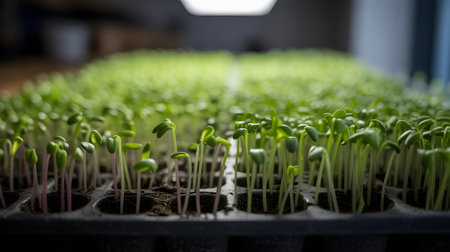 Fresh green seedlings growing in trays under natural light, symbolizing new beginnings, sustainable farming, organic cultivation, and environmental growth.の素材