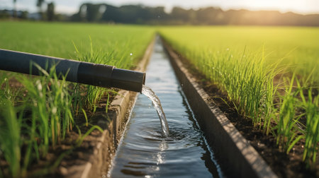 Fresh water flowing through irrigation canal into green paddy field, symbolizing sustainable agriculture and efficient water management system.の素材
