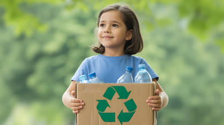 Smiling child holding a recycling box with plastic bottles, promoting environmental awareness, sustainability, and eco-friendly lifestyle outdoors.の素材
