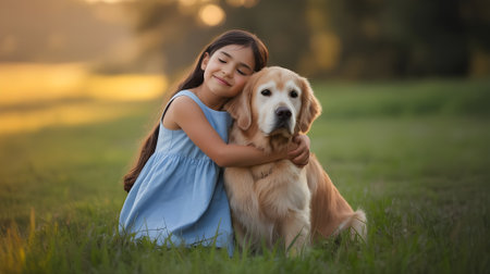 Smiling young girl hugging her golden retriever on green grass during sunset, showing love, warmth, and pure friendship.の素材