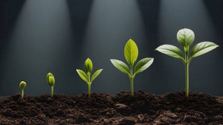 Young green plant growth stages in fertile soil under spotlight, symbolizing business development, sustainability, and environmental progress concept.の素材