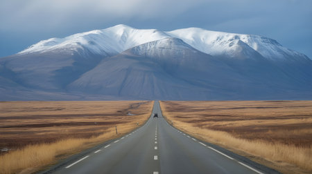 Scenic road leading to majestic snow-covered mountains under a dramatic sky, symbolizing adventure, travel freedom, and natural beauty.の素材