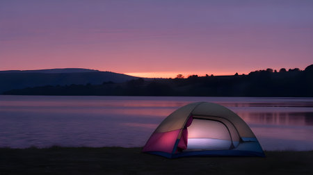 Peaceful camping tent by the lake at sunset, glowing softly under the colorful twilight sky in serene nature.の素材